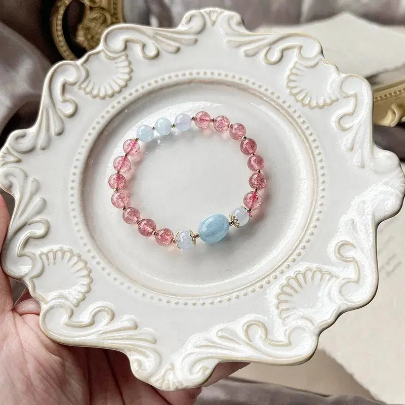 Love and Courage - Strawberry Quartz Aquamarine Calm Bracelet - Chene Blue