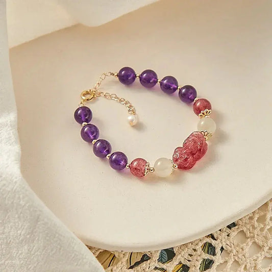 Love and Wisdom - Strawberry Quartz and Amethyst Bracelet - Chene Blue