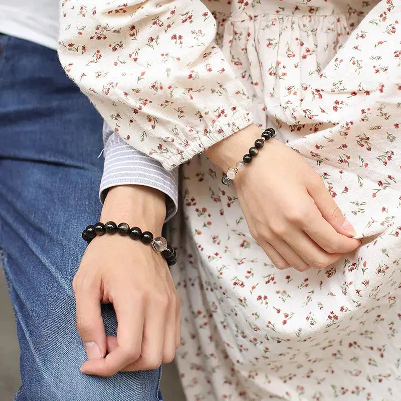 Timeless Love - Couples Bracelet Obsidian Rutilated Quartz Protection Charm Bracelet - Chene Blue