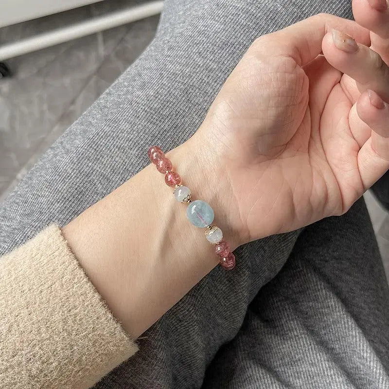 Love and Courage - Strawberry Quartz Aquamarine Calm Bracelet - Chene Blue