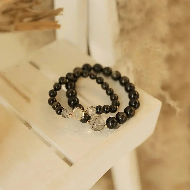 Timeless Love - Couples Bracelet Obsidian Rutilated Quartz Protection Charm Bracelet - Chene Blue