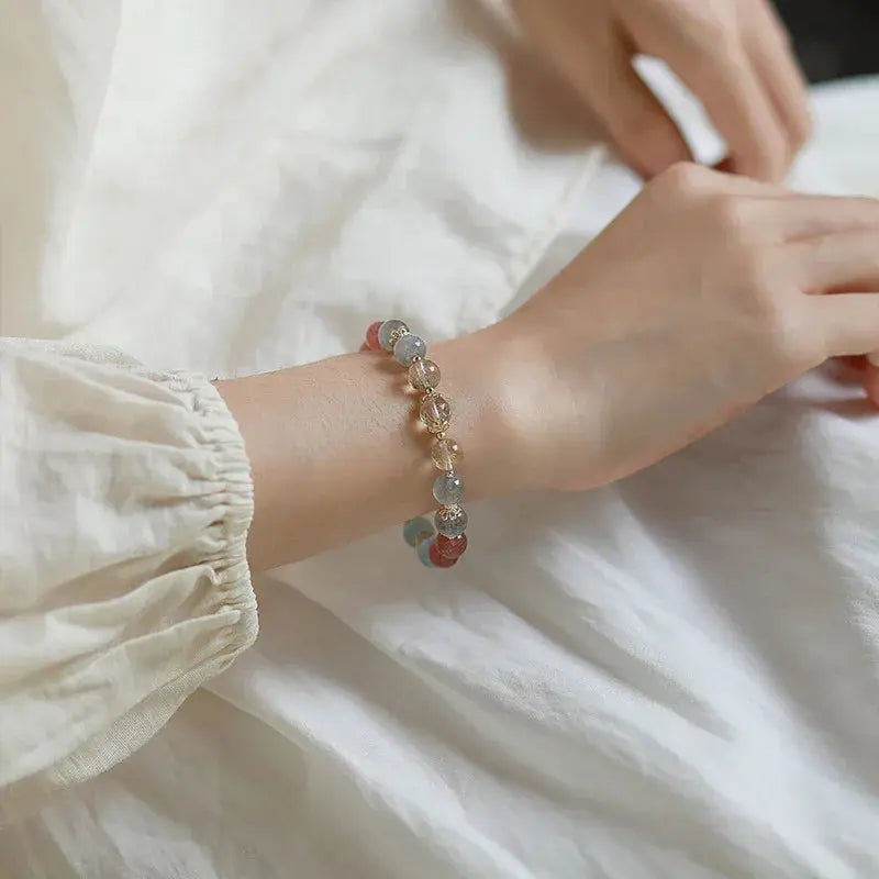 Love and Peace - Aquamarine Rose Quartz Moonstone Balance Bracelet - Chene Blue
