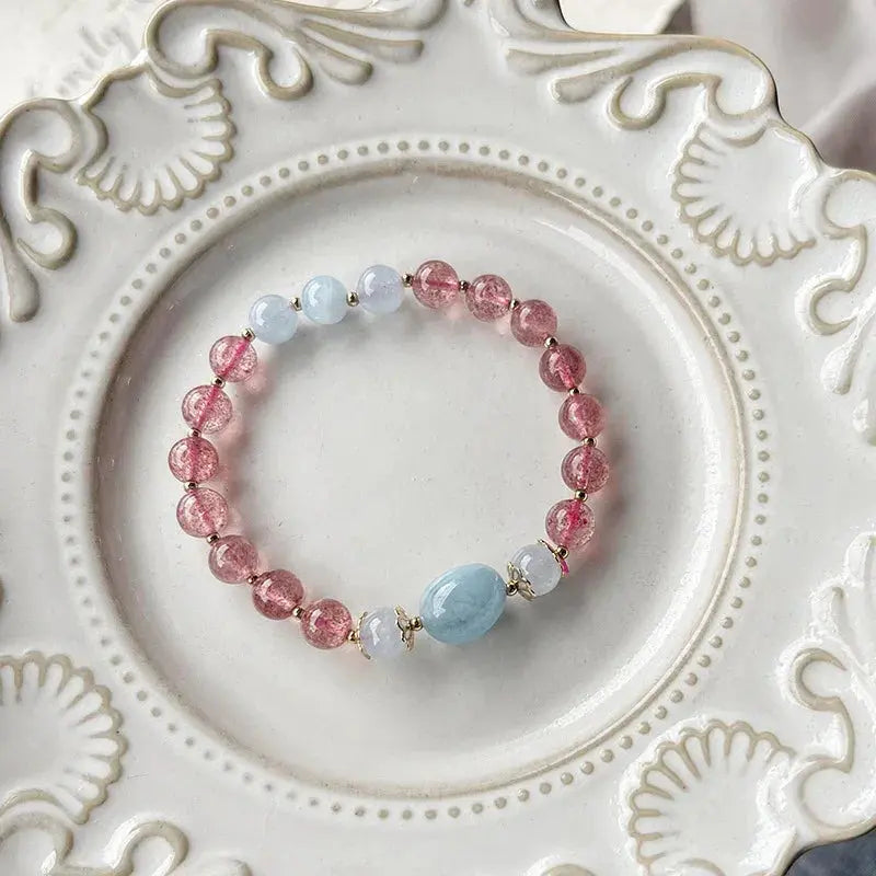 Love and Courage - Strawberry Quartz Aquamarine Calm Bracelet - Chene Blue