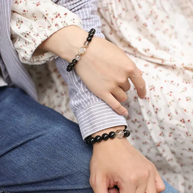 Timeless Love - Couples Bracelet Obsidian Rutilated Quartz Protection Charm Bracelet - Chene Blue