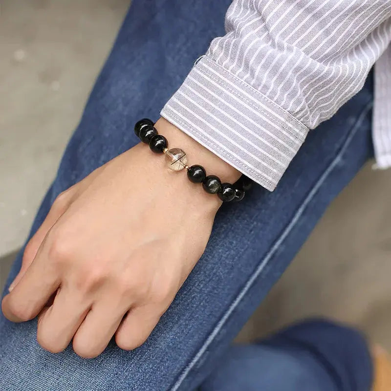 Timeless Love - Couples Bracelet Obsidian Rutilated Quartz Protection Charm Bracelet - Chene Blue