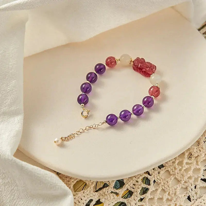Love and Wisdom - Strawberry Quartz and Amethyst Bracelet - Chene Blue