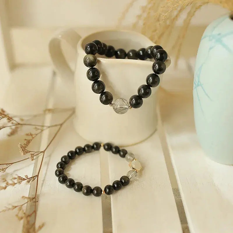 Timeless Love - Couples Bracelet Obsidian Rutilated Quartz Protection Charm Bracelet - Chene Blue