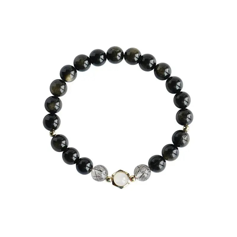 Timeless Love - Couples Bracelet Obsidian Rutilated Quartz Protection Charm Bracelet - Chene Blue