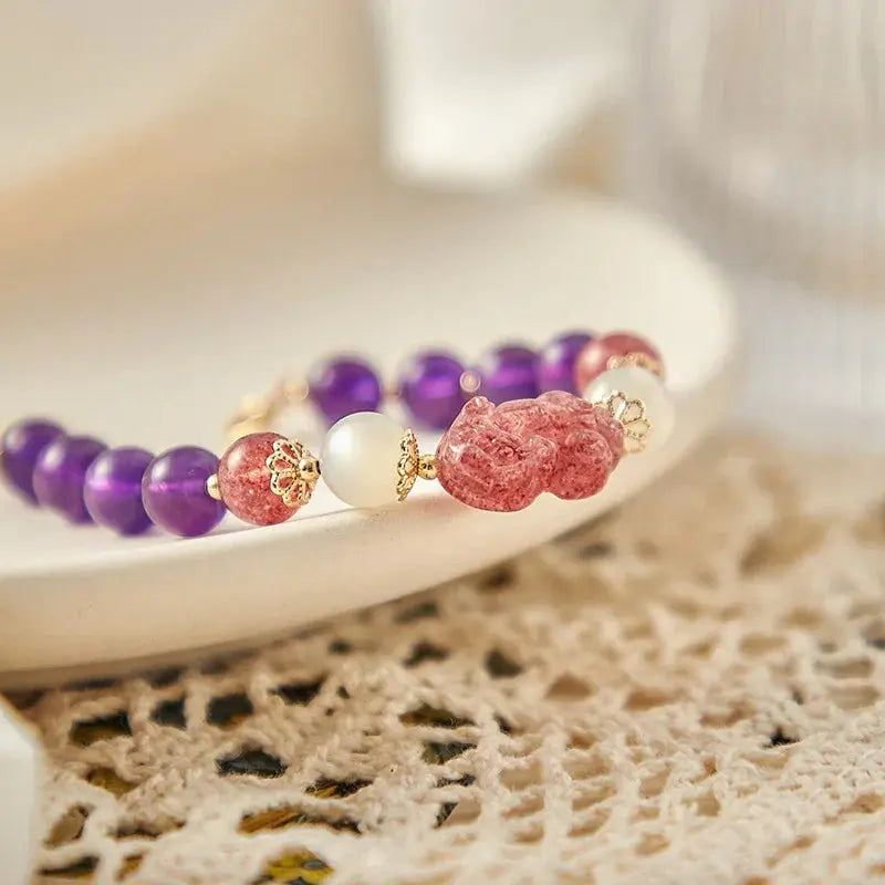 Love and Wisdom - Strawberry Quartz and Amethyst Bracelet - Chene Blue