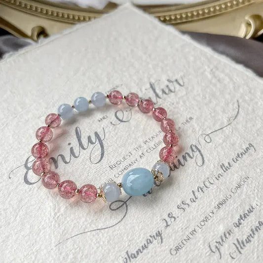 Love and Courage - Strawberry Quartz Aquamarine Calm Bracelet - Chene Blue