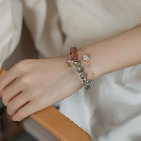 Embrace of Love - Crystal Green Phantom Quartz Strawberry Quartz Moonstone Love Charm Bracelet