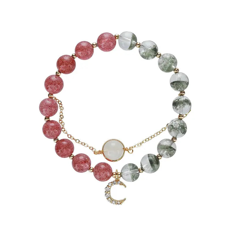 Embrace of Love - Crystal Green Phantom Quartz Strawberry Quartz Moonstone Love Charm Bracelet