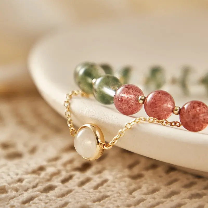 Embrace of Love - Crystal Green Phantom Quartz Strawberry Quartz Moonstone Love Charm Bracelet