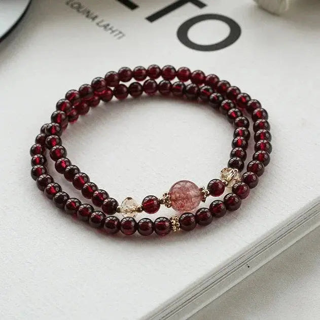Divine Healing - Garnet Strawberry Quartz Wrap Healing Bracelet - Chene Blue