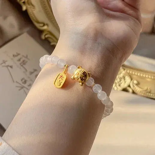 Peaceful Heart - Moonstone Tiger Cute Zodiac Balanced Charm Bracelet - Chene Blue