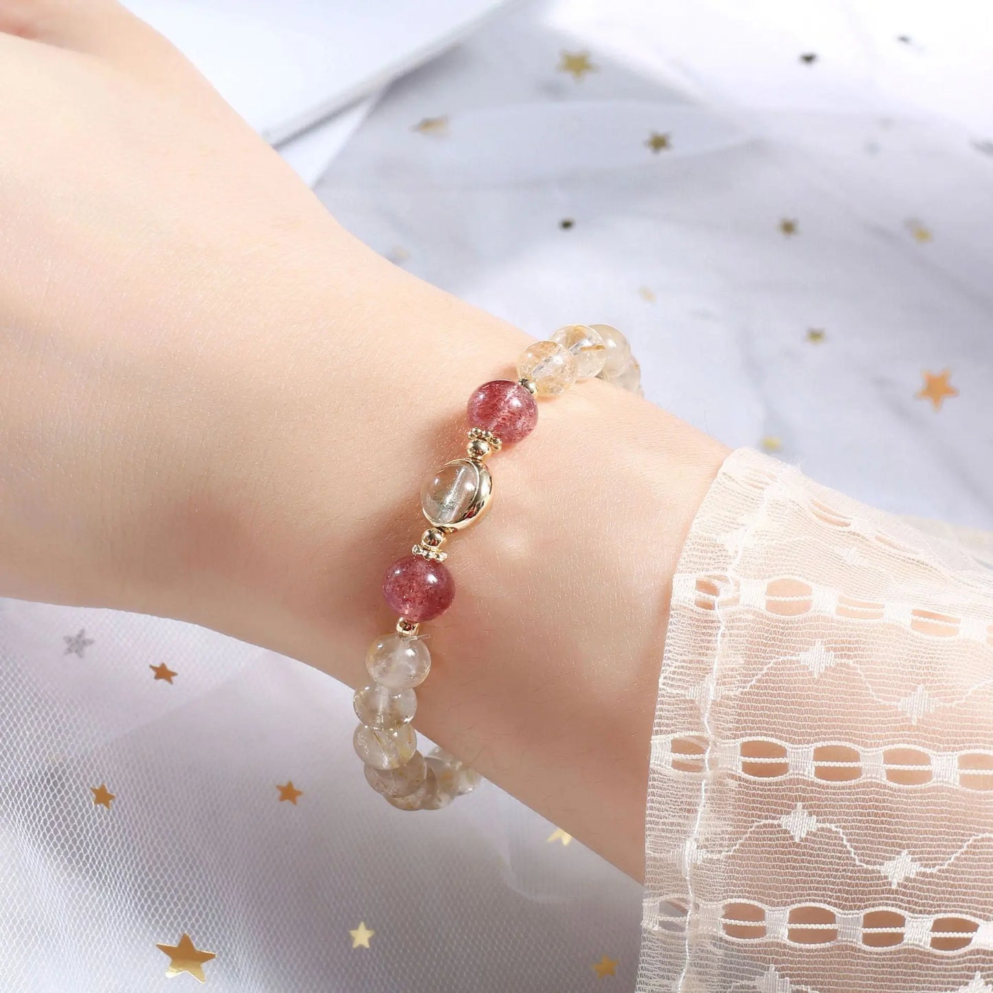 Eternal Bliss - Gold Rutilated Quartz Strawberry Quartz Wealth Bracelet