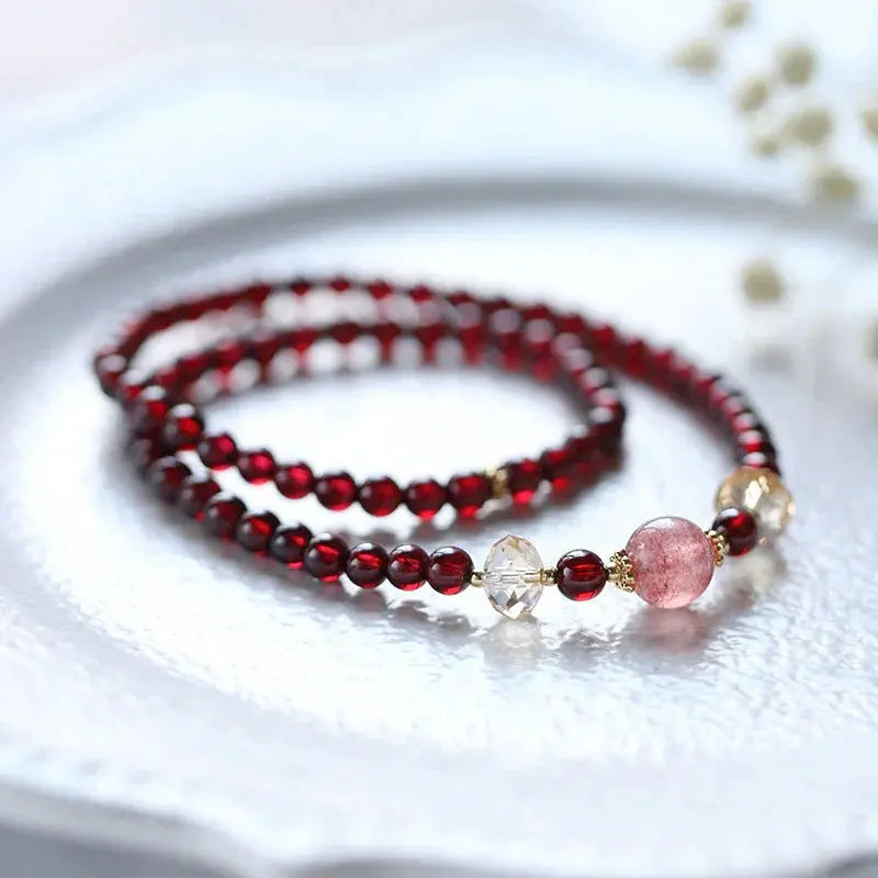 Divine Healing - Garnet Strawberry Quartz Wrap Healing Bracelet - Chene Blue