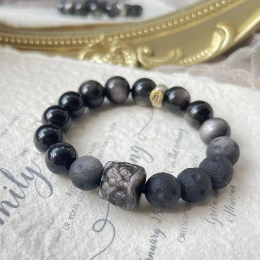 Ultimate Shield - Obsidian Lion Protection Charm Bracelet - Chene Blue