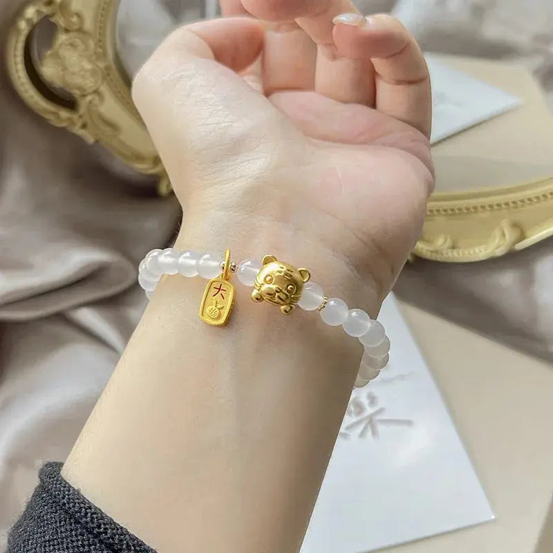 Peaceful Heart - Moonstone Tiger Cute Zodiac Balanced Charm Bracelet - Chene Blue