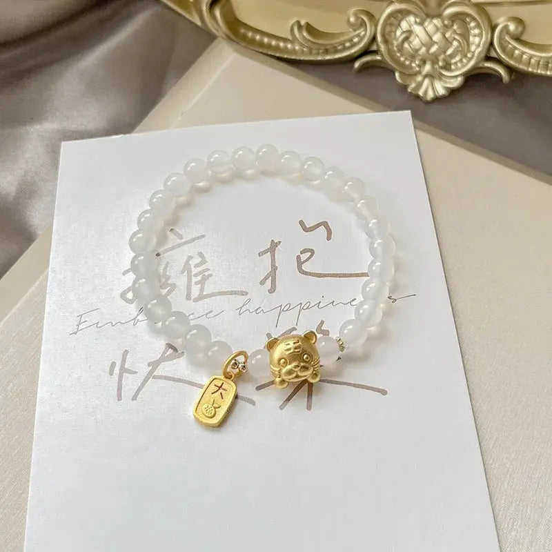 Peaceful Heart - Moonstone Tiger Cute Zodiac Balanced Charm Bracelet - Chene Blue