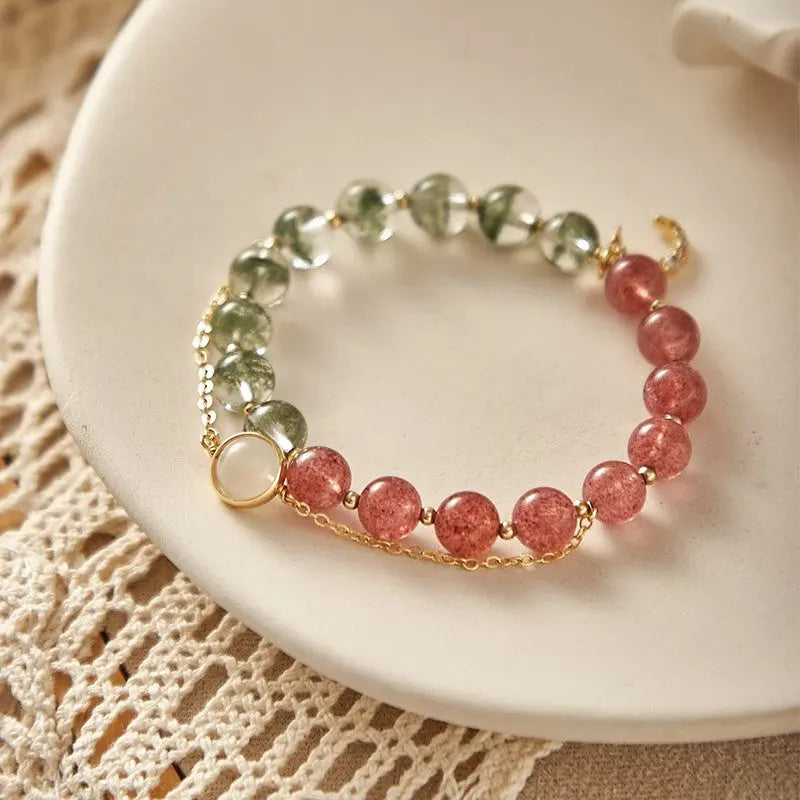 Embrace of Love - Crystal Green Phantom Quartz Strawberry Quartz Moonstone Love Charm Bracelet
