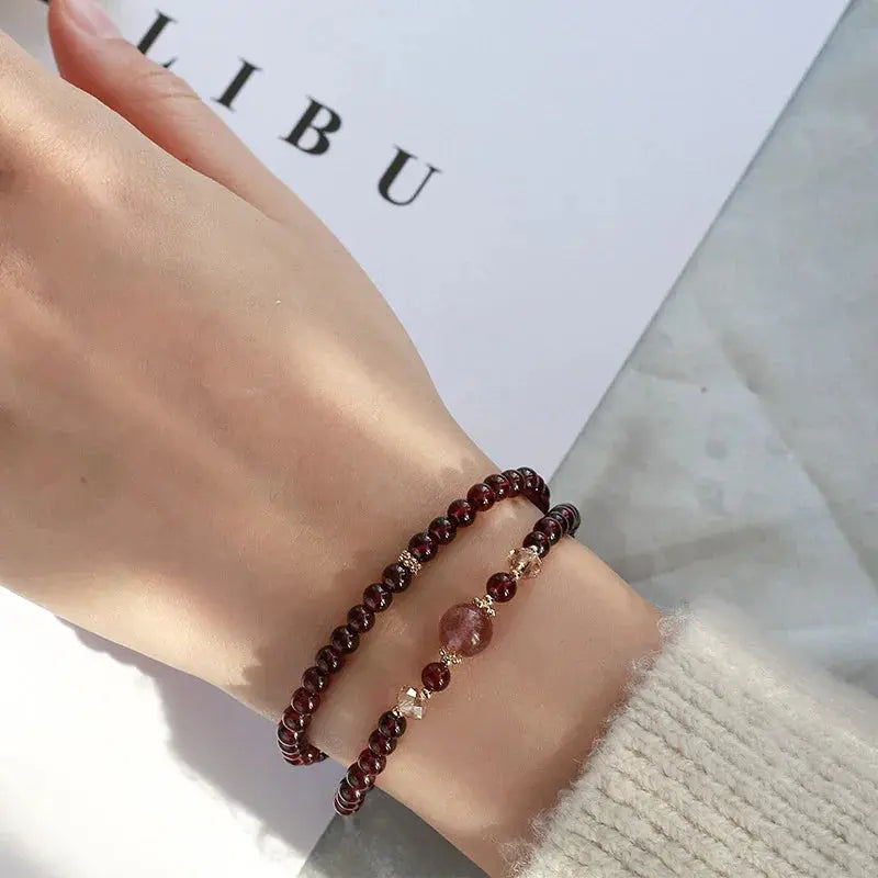 Divine Healing - Garnet Strawberry Quartz Wrap Healing Bracelet - Chene Blue