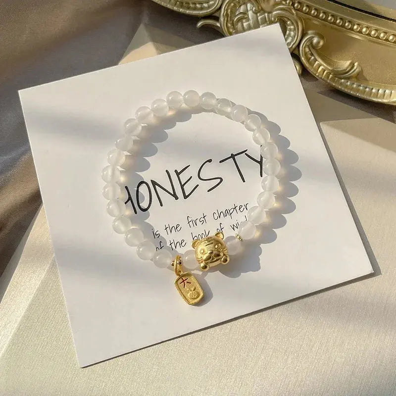 Peaceful Heart - Moonstone Tiger Cute Zodiac Balanced Charm Bracelet - Chene Blue
