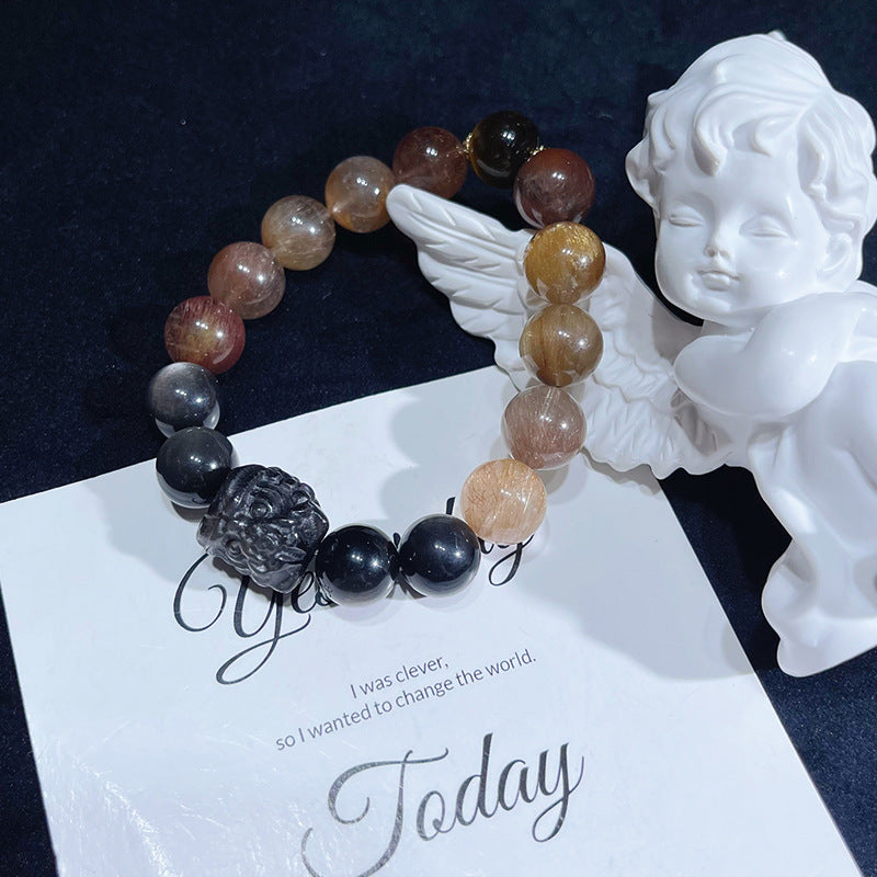 Ultimate Shield - Hematoid Quartz Obsidian Lion Protection Charm Bracelet