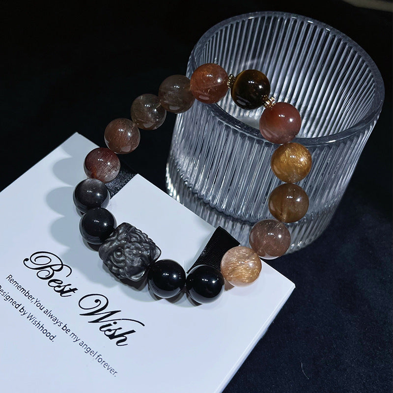 Ultimate Shield - Hematoid Quartz Obsidian Lion Protection Charm Bracelet