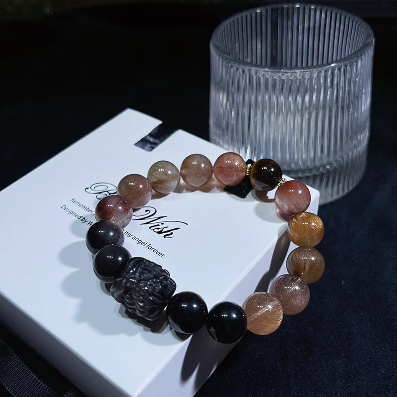 Ultimate Shield - Hematoid Quartz Obsidian Lion Protection Charm Bracelet