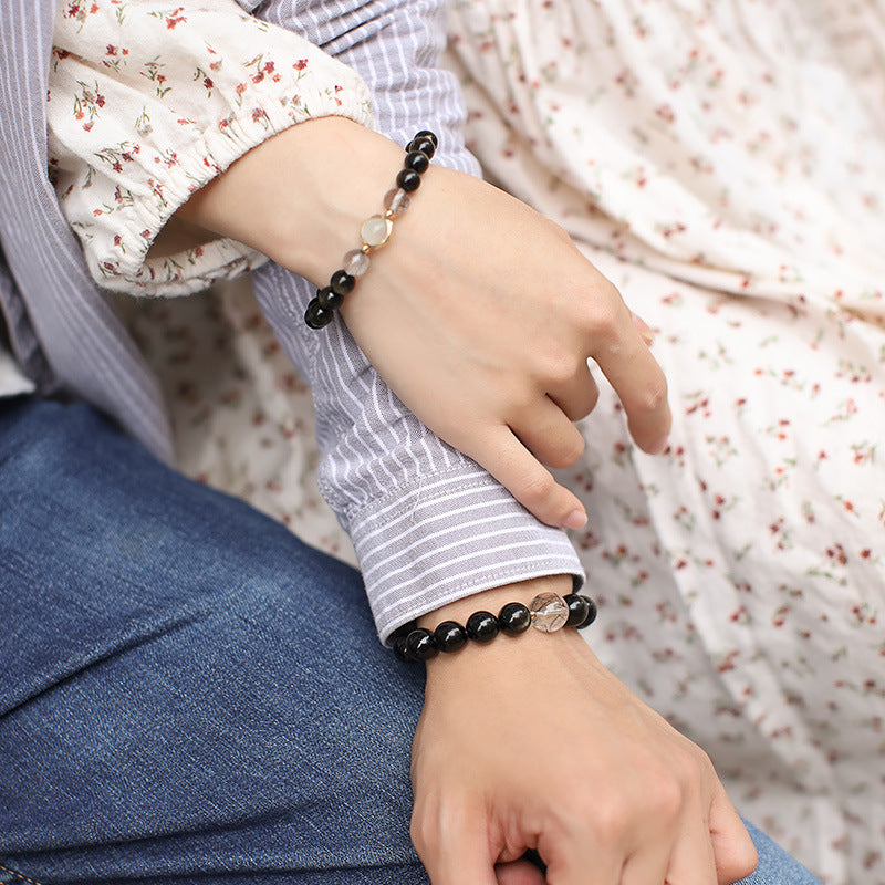 Timeless Love - Couples Bracelet Obsidian Rutilated Quartz Protection Charm Bracelet