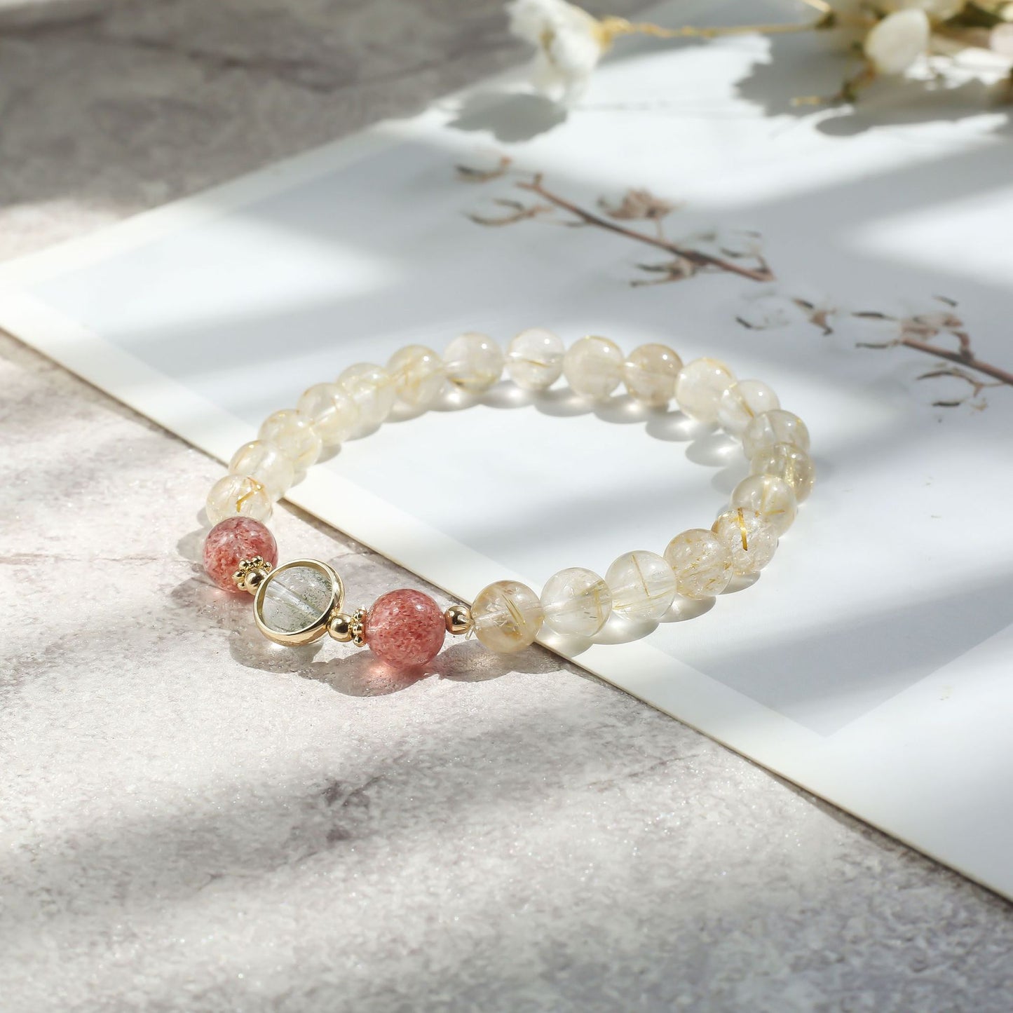 Eternal Bliss - Gold Rutilated Quartz Strawberry Quartz Wealth Bracelet