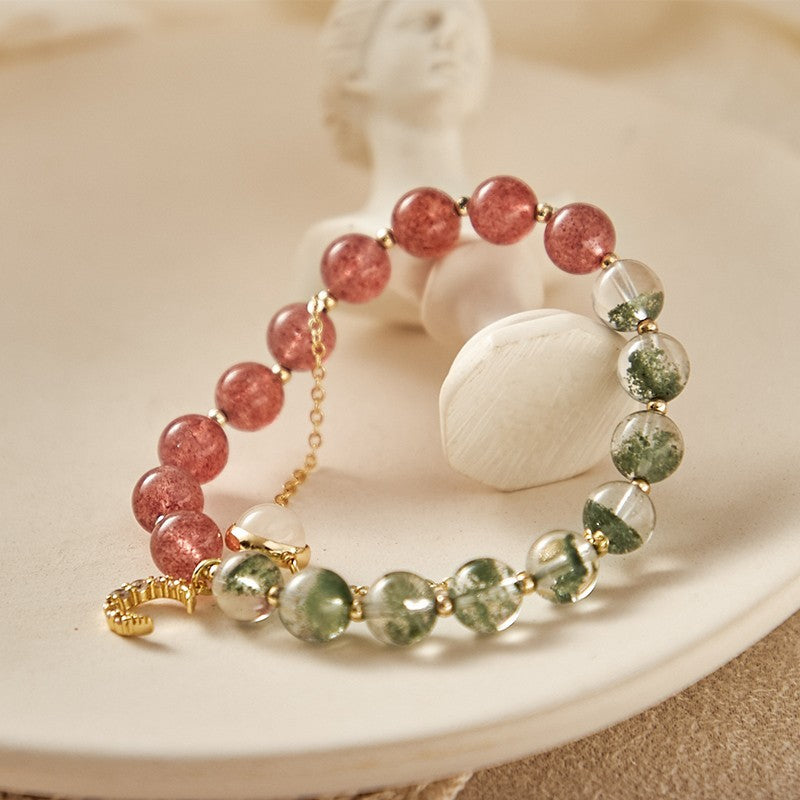 Embrace of Love - Crystal Green Phantom Quartz Strawberry Quartz Moonstone Love Charm Bracelet